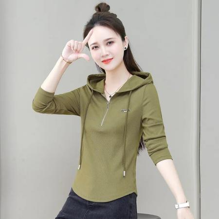 FA42200# 纯棉百搭时尚显瘦收腰长袖新款连帽拉链设计T恤潮流简约通勤上衣