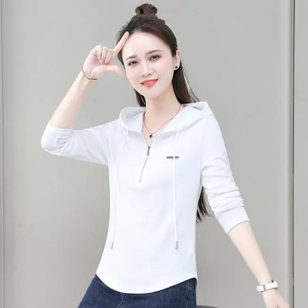 FA42200# 纯棉百搭时尚显瘦收腰长袖新款连帽拉链设计T恤潮流简约通勤上衣