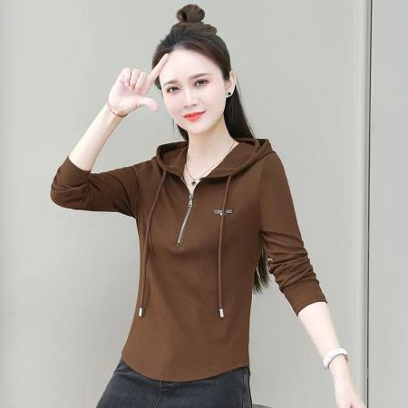 FA42200# 纯棉百搭时尚显瘦收腰长袖新款连帽拉链设计T恤潮流简约通勤上衣