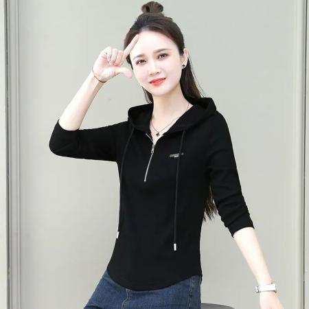 FA42200# 纯棉百搭时尚显瘦收腰长袖新款连帽拉链设计T恤潮流简约通勤上衣