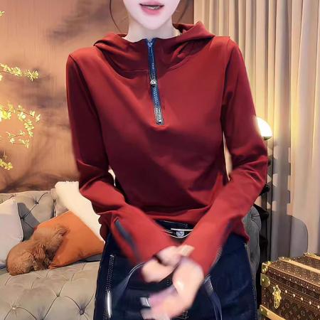 FA42201# 半拉链连帽长袖卫衣女春秋新款时尚百搭显瘦套头帽衫上衣欧货