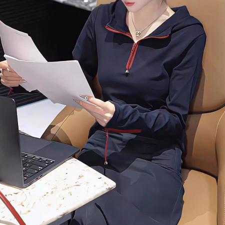 FA42201# 半拉链连帽长袖卫衣女春秋新款时尚百搭显瘦套头帽衫上衣欧货