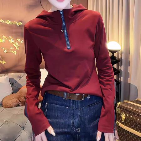 FA42201# 半拉链连帽长袖卫衣女春秋新款时尚百搭显瘦套头帽衫上衣欧货