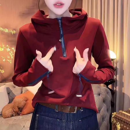 FA42201# 半拉链连帽长袖卫衣女春秋新款时尚百搭显瘦套头帽衫上衣欧货
