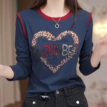 FA42202# 拼接长袖撞色字母烫钻T恤打底衫女春秋冬季显瘦大码内搭上衣
