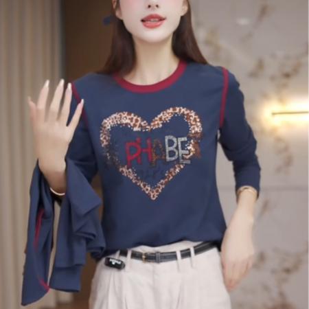 FA42202# 拼接长袖撞色字母烫钻T恤打底衫女春秋冬季显瘦大码内搭上衣