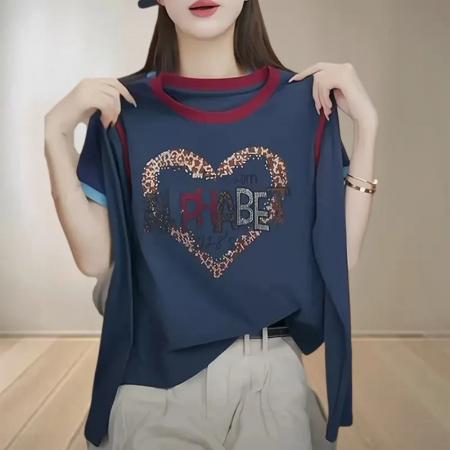 FA42202# 拼接长袖撞色字母烫钻T恤打底衫女春秋冬季显瘦大码内搭上衣
