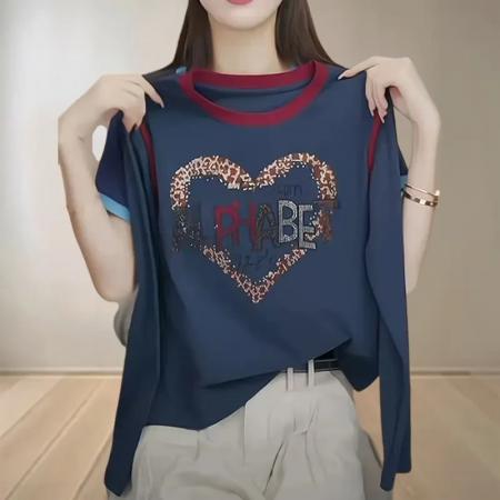 FA42202# 拼接长袖撞色字母烫钻T恤打底衫女春秋冬季显瘦大码内搭上衣