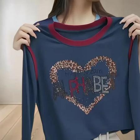 FA42202# 拼接长袖撞色字母烫钻T恤打底衫女春秋冬季显瘦大码内搭上衣