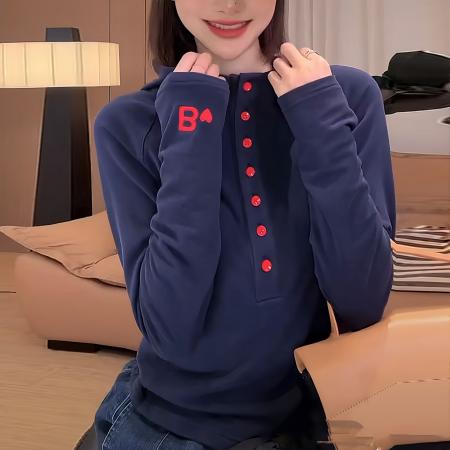FA42203# 连帽长袖设计感女春季新款半开扣大码微胖mm显瘦遮肉打底上衣
