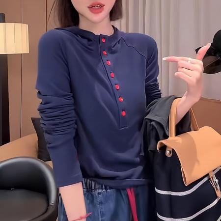 FA42203# 连帽长袖设计感女春季新款半开扣大码微胖mm显瘦遮肉打底上衣