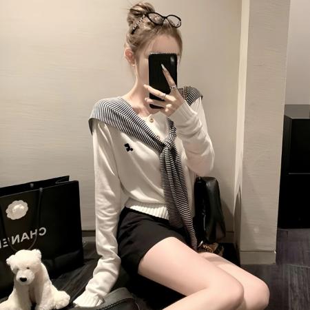 FA42204# 韩系温柔减龄显瘦毛衣外套女新款秋针织开衫+条纹披肩两件套