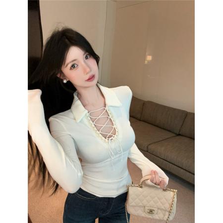 FA42206# 纯欲性感系带polo领工艺花边长袖T恤修身显瘦内搭打底衫上衣