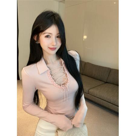 FA42206# 纯欲性感系带polo领工艺花边长袖T恤修身显瘦内搭打底衫上衣