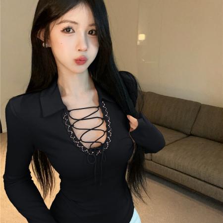 FA42206# 纯欲性感系带polo领工艺花边长袖T恤修身显瘦内搭打底衫上衣