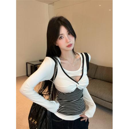 FA42207# 性感辣妹撞色条纹镂空设计感纽结长袖T恤修身显瘦打底衫上衣