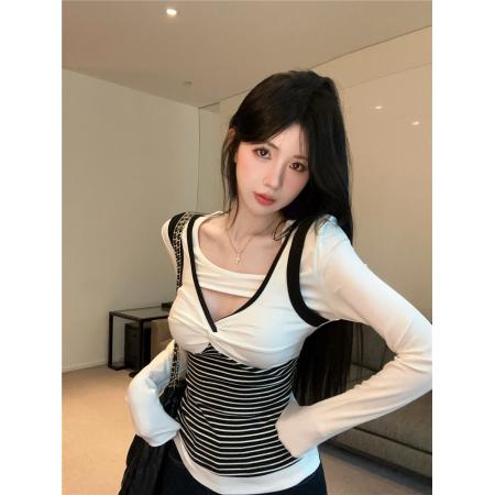FA42207# 性感辣妹撞色条纹镂空设计感纽结长袖T恤修身显瘦打底衫上衣