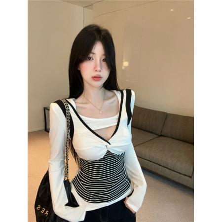 FA42207# 性感辣妹撞色条纹镂空设计感纽结长袖T恤修身显瘦打底衫上衣