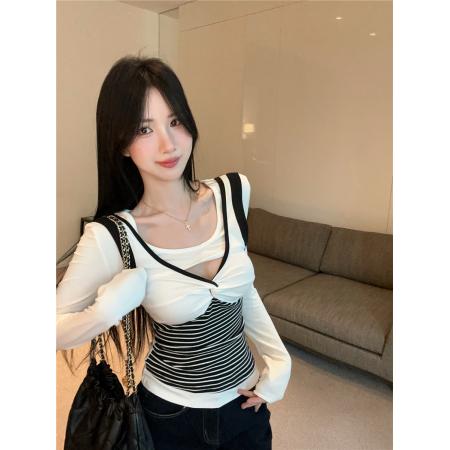 FA42207# 性感辣妹撞色条纹镂空设计感纽结长袖T恤修身显瘦打底衫上衣