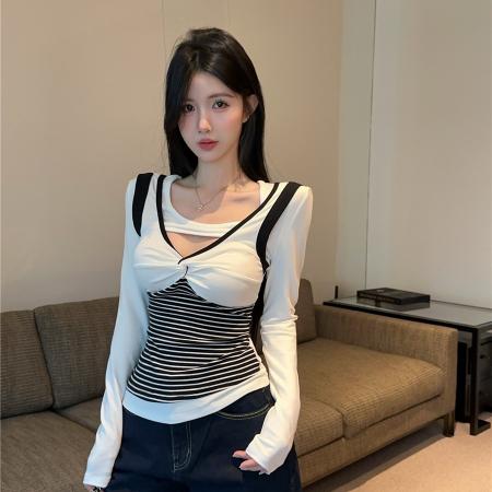 FA42207# 性感辣妹撞色条纹镂空设计感纽结长袖T恤修身显瘦打底衫上衣