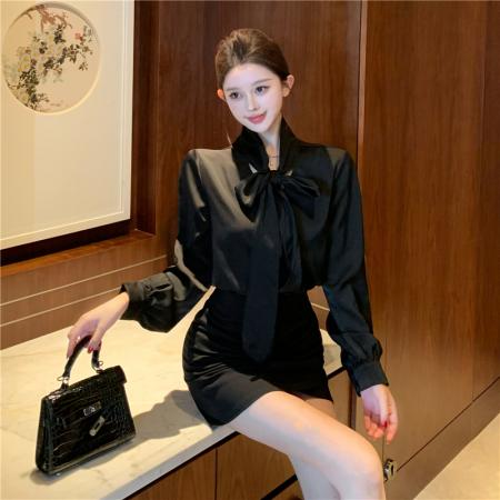 FA42224# 法式气质百搭小资独特蝴蝶结系带缎面衬衫长袖上衣女