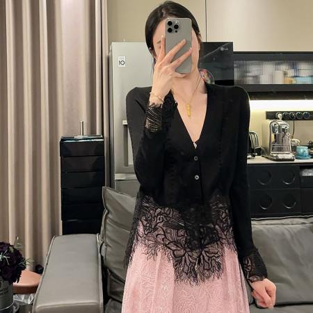 FA42237# 法式小香风气质v领蕾丝拼接毛衣打底衫女纯欲针织开衫修身上衣女