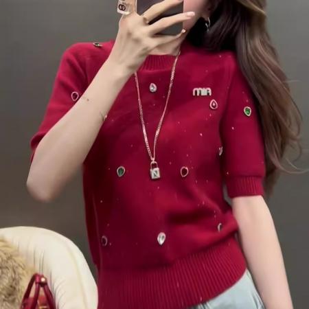 FA42239# 安可拉红气质圆领重工钉珠针织上衣女早春小众设计感红色短袖毛衣
