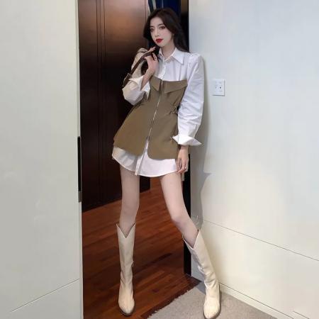 FA42240# 气质女神范假两件不规则衬衫裙早秋设计感小众拼接收腰连衣裙