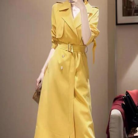 FA42243# 春秋季新款女通勤韩版修身显瘦斜纹西装面料英伦风中长款风衣