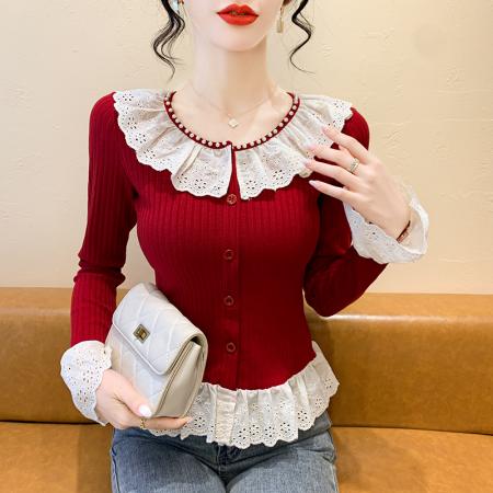 FA42246# 秋冬韩系珍珠蕾丝花边针织衫女装新款修身长袖上衣