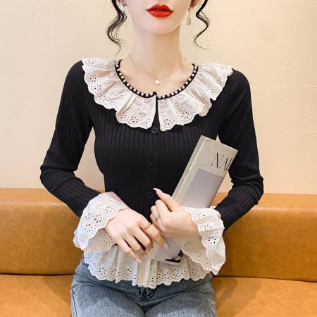 FA42246# 秋冬韩系珍珠蕾丝花边针织衫女装新款修身长袖上衣