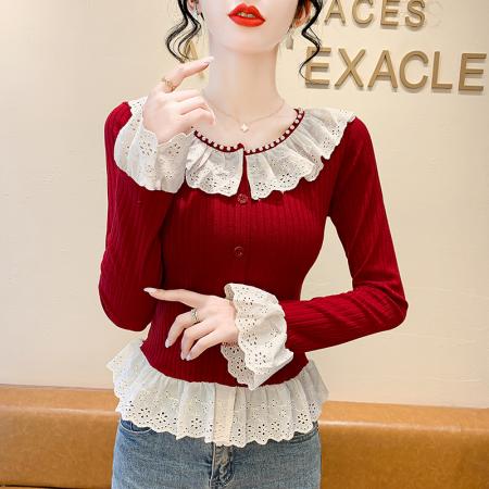 FA42246# 秋冬韩系珍珠蕾丝花边针织衫女装新款修身长袖上衣