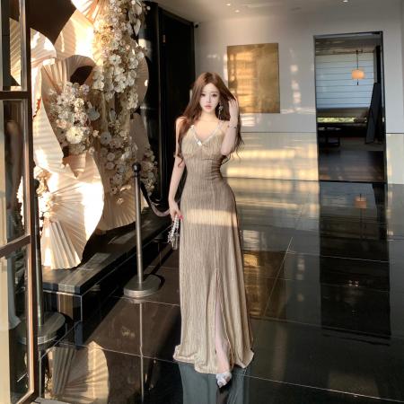 FA42251# 名媛法式温柔气质女神高级感礼服收腰显瘦亮片网纱吊带打底裙