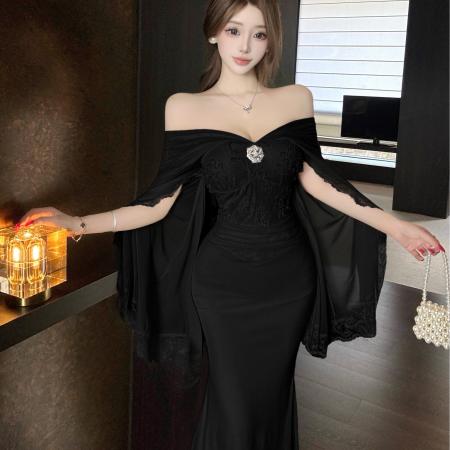 FA42252# 江南美人绝美高级感温柔纯欲性感飘带连肩袖设计感礼服显瘦裙