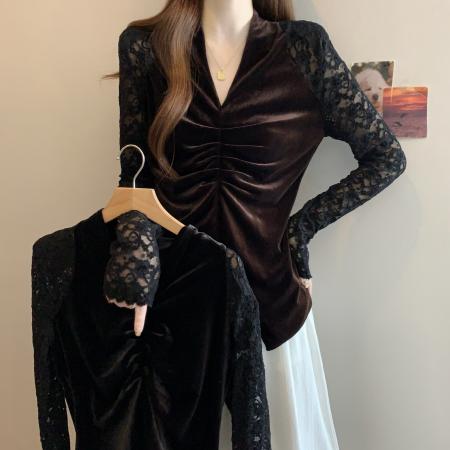 FA42257# 胖MM大码女装秋季新款轻熟风V领蕾丝长袖金丝绒收腰上衣
