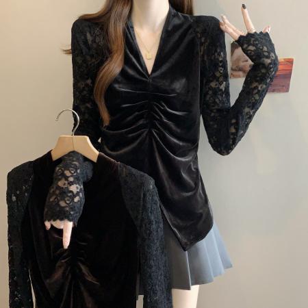 FA42257# 胖MM大码女装秋季新款轻熟风V领蕾丝长袖金丝绒收腰上衣