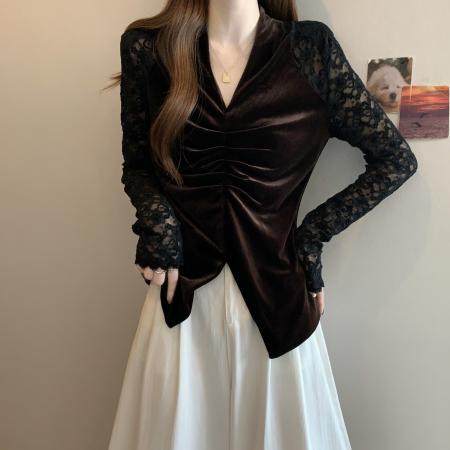FA42257# 胖MM大码女装秋季新款轻熟风V领蕾丝长袖金丝绒收腰上衣