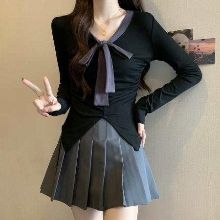 FA42258# 大码女装秋季新款拼色系带设计感小众V领长袖T恤打底衫