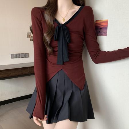 FA42258# 大码女装秋季新款拼色系带设计感小众V领长袖T恤打底衫