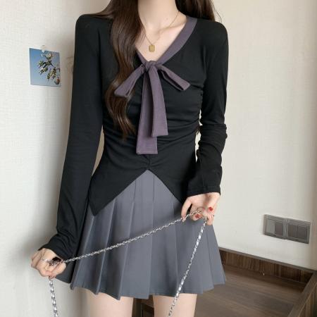 FA42258# 大码女装秋季新款拼色系带设计感小众V领长袖T恤打底衫