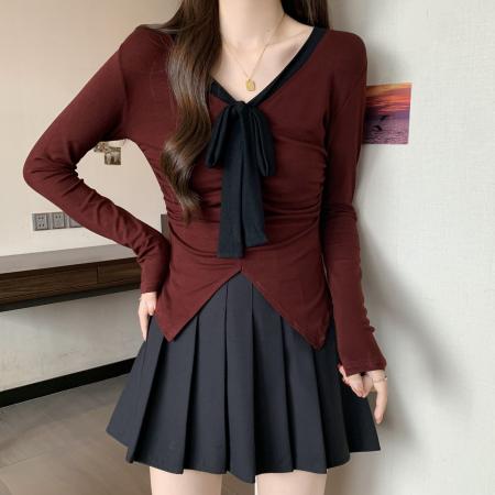FA42258# 大码女装秋季新款拼色系带设计感小众V领长袖T恤打底衫