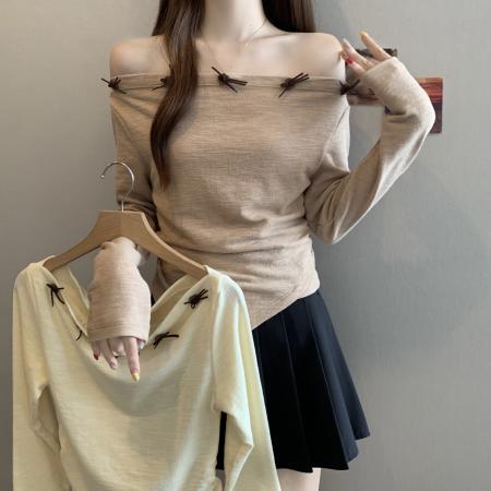 FA42260# 胖MM大码女装秋季新款不规则设计感长袖T恤一字露肩上衣