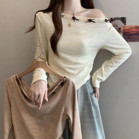 FA42260# 胖MM大码女装秋季新款不规则设计感长袖T恤一字露肩上衣
