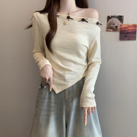 FA42260# 胖MM大码女装秋季新款不规则设计感长袖T恤一字露肩上衣
