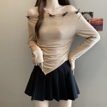 FA42260# 胖MM大码女装秋季新款不规则设计感长袖T恤一字露肩上衣