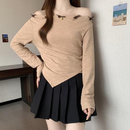 FA42260# 胖MM大码女装秋季新款不规则设计感长袖T恤一字露肩上衣