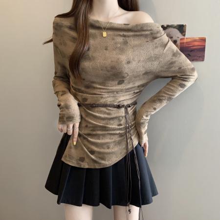 FA42261# 胖MM大码女装秋季新款扎染设计感一字领长袖T恤露肩上衣