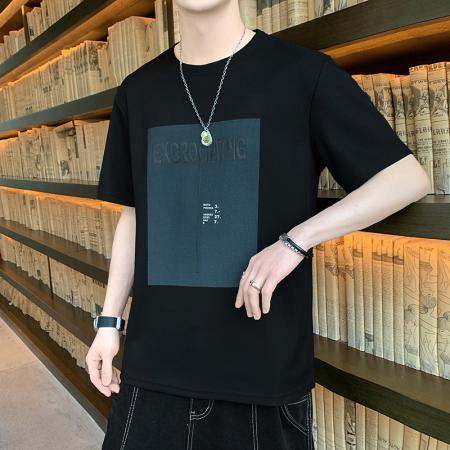 FA42280# 爆款低价跑量法国罗纹短袖男新款夏季运动休闲上衣宽松潮流喷印T恤圆领轻薄打底衫 男装批发