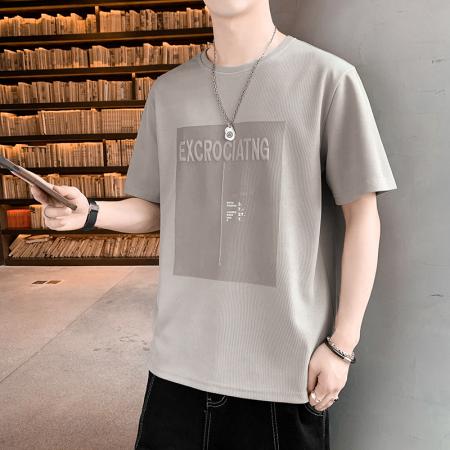 FA42280# 爆款低价跑量法国罗纹短袖男新款夏季运动休闲上衣宽松潮流喷印T恤圆领轻薄打底衫 男装批发