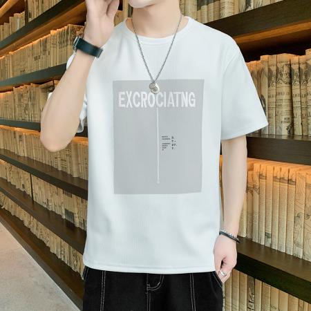 FA42280# 爆款低价跑量法国罗纹短袖男新款夏季运动休闲上衣宽松潮流喷印T恤圆领轻薄打底衫 男装批发